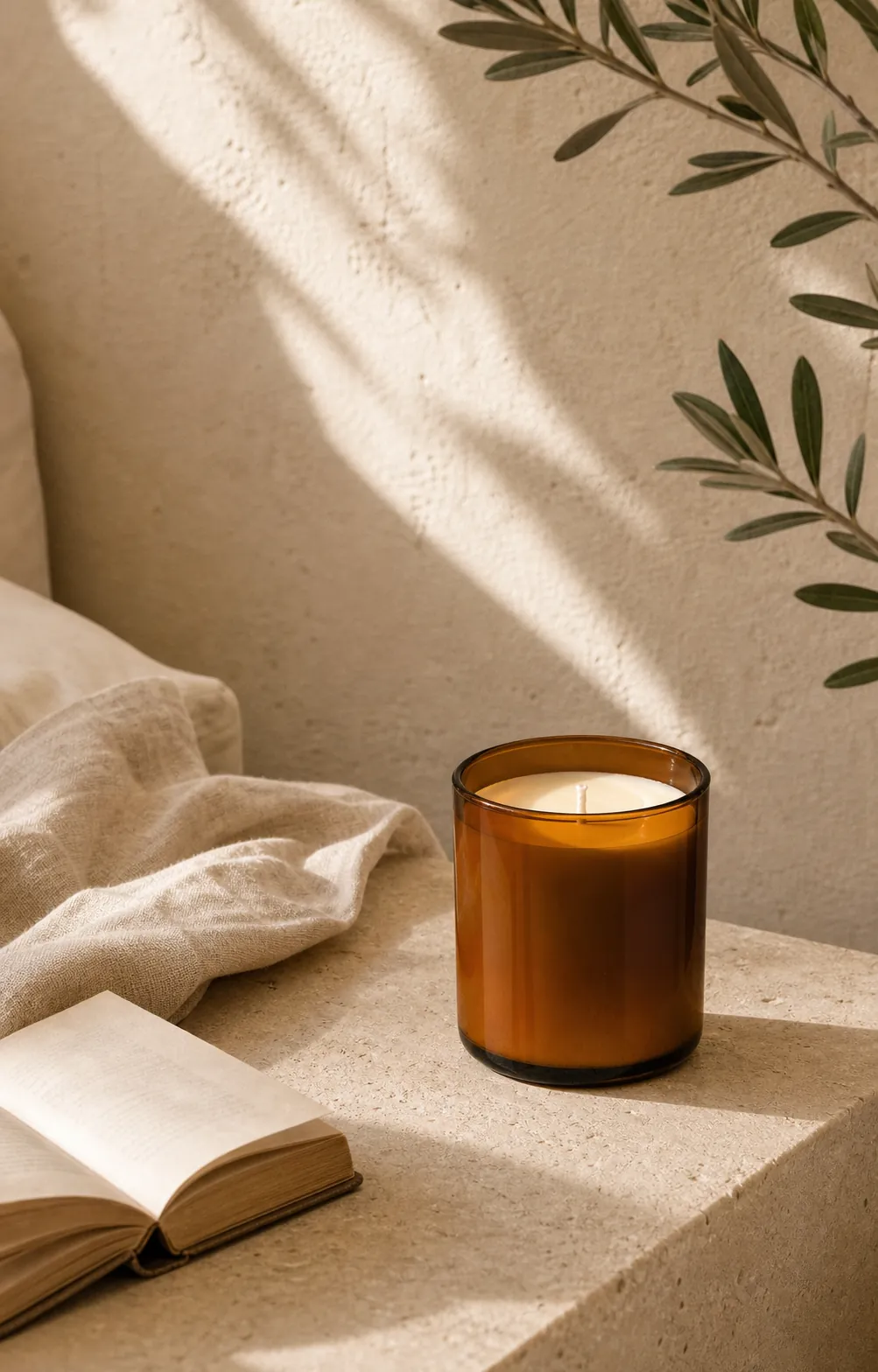 An amber soy wax candle on pale stone beside an open book in warm sunlight